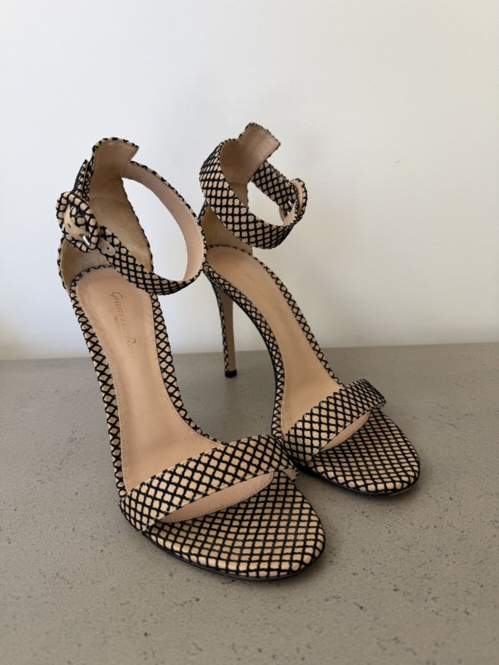 Gianvito Rossi Portofino 105 Fishnet Ankle Strap Sandals — Nude & Black, 37.5